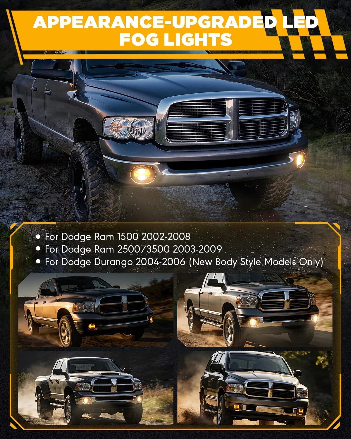 Upgrade 70W LED Fog Lights with Amber DRL for Dodge Ram 1500 2002-2008/Dodge Ram 2500 3500 2003-2009/Durango 2004-2006