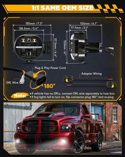 Upgrade 72W LED Fog Lights DOT Approved with DRL for Dodge Ram 1500 2002-2008 /Dodge Ram 2500 3500 2003-2009 /Durango 2004-2006