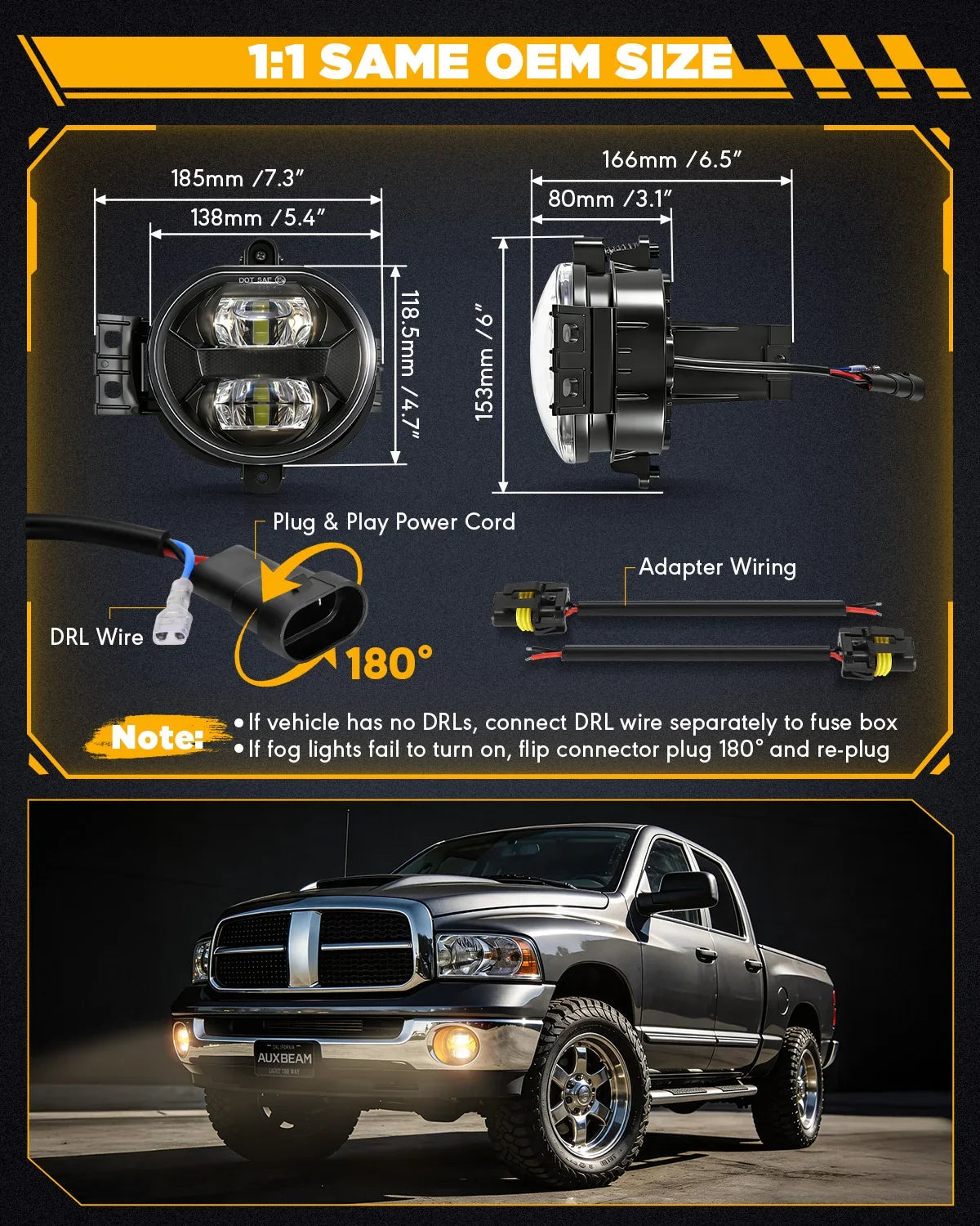 Upgrade 70W LED Fog Lights with Amber DRL for Dodge Ram 1500 2002-2008/Dodge Ram 2500 3500 2003-2009/Durango 2004-2006