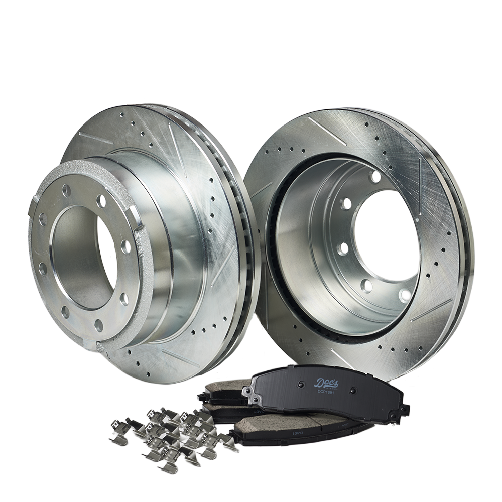 Doc's Diesel Ford 6.7L Powerstroke Ceramic Rear Brake Pads + Drilled and Slotted Rear Rotors Kits 2012-2022 F250, 2013-2022 F350, 2013-2016 F450