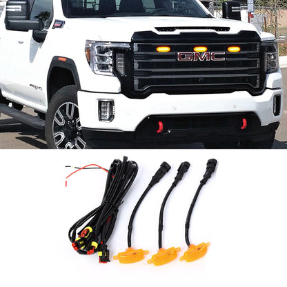(3pcs/set)  LED Front Grille Lights Raptor Style Amber Light Fit for GMC Sierra 2500 HD 2016-2021 (Amber shell/ Smoked shell）