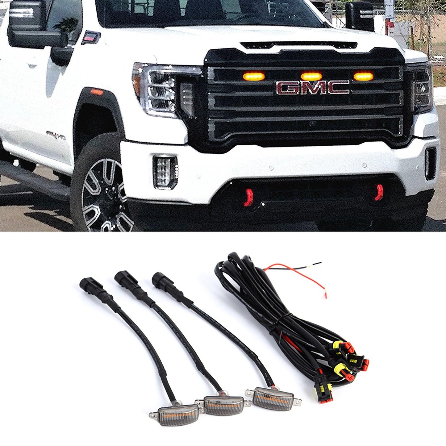 (3pcs/set)  LED Front Grille Lights Raptor Style Amber Light Fit for GMC Sierra 2500 HD 2016-2021 (Amber shell/ Smoked shell）