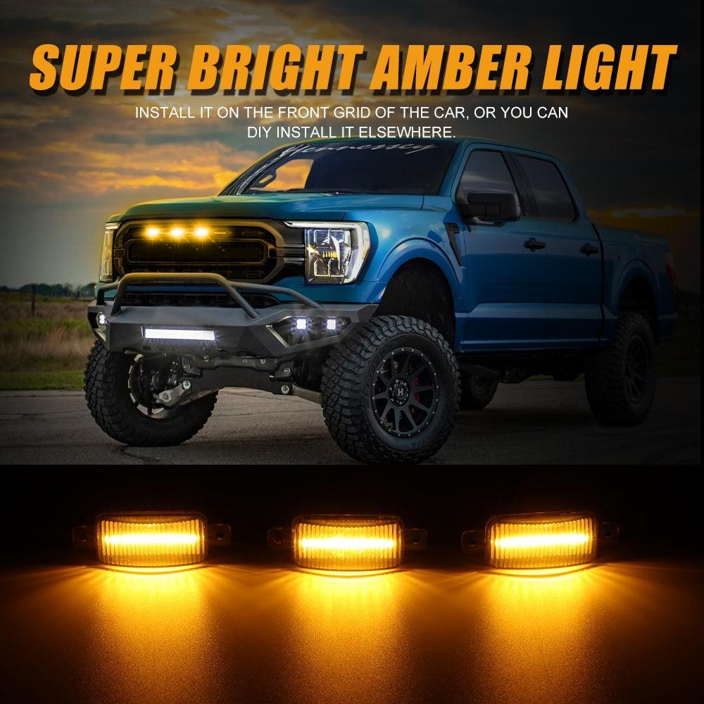 (3pcs/set)  LED Front Grille Lights Raptor Style Amber Light Fit for GMC Sierra 2500 HD 2016-2021 (Amber shell/ Smoked shell）
