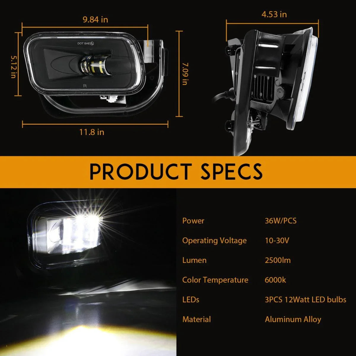 (2pcs/set) 36W LED Fog Light for Dodge Ram 1500 2009-2012 Dodge Ram 2500/3500 2010-2018 (Black)