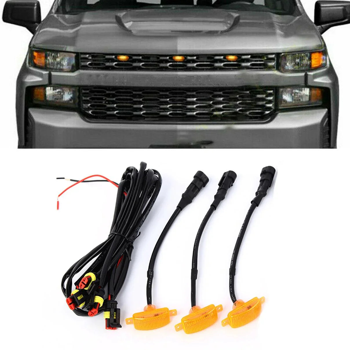 (3pcs/set)  LED Front Grille Lights Raptor Style Amber Light Fit for Chevrolet Silverado 1500 2016-2021 (Amber shell/ Smoked shell）