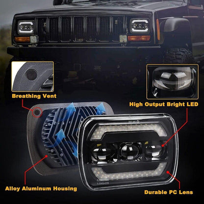 (2pcs/set) 7x6 Inch Sealed Beam LED Headlights with Hi-Lo Beam Yellow Turn Signal White DRL Lamps